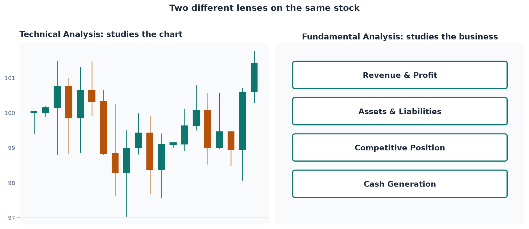 Two different lenses on the same stock: technical analysis studies the chart, fundamental analysis studies the business.