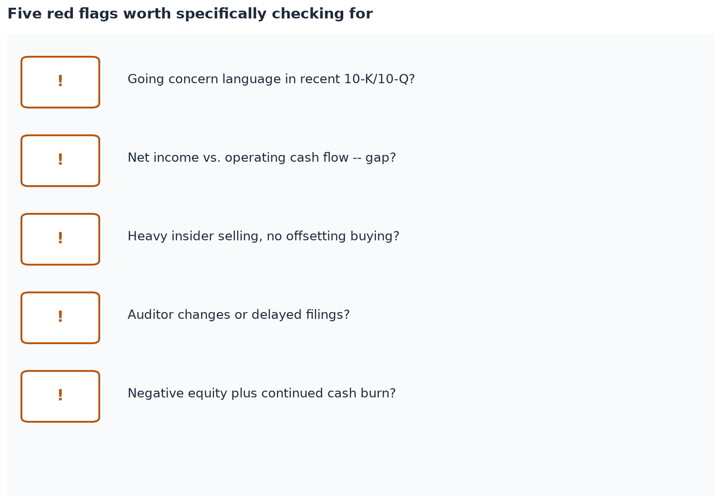 Five red flags worth specifically checking for in a company's filings.